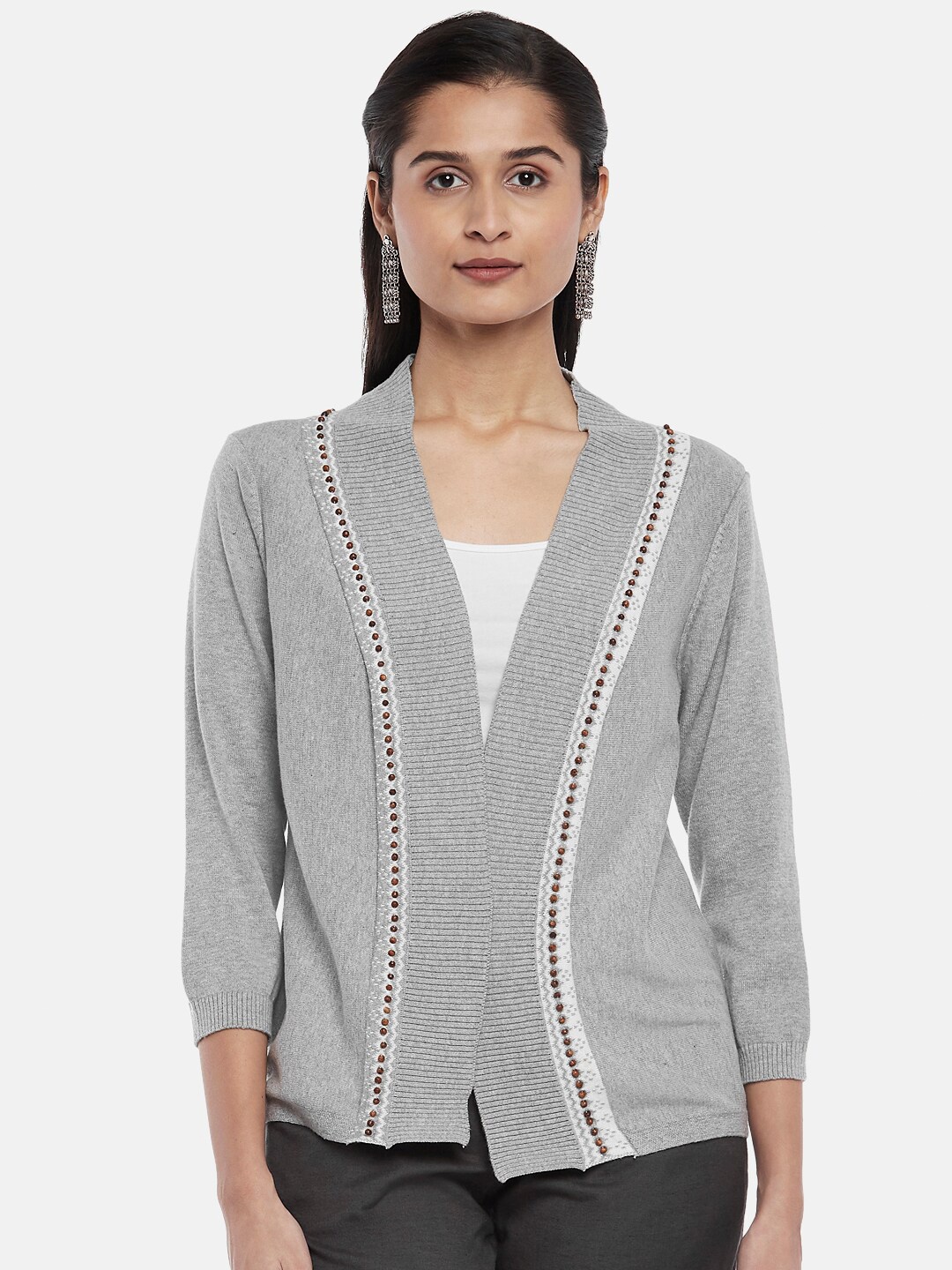 

AKKRITI BY PANTALOONS Women Grey Pure Acrylic Open Front Shrug