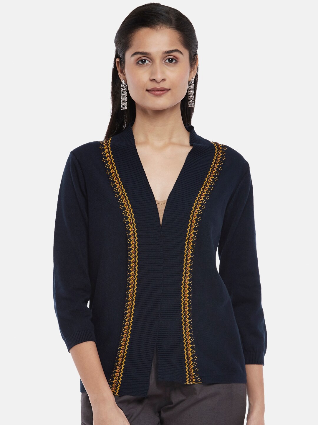 

AKKRITI BY PANTALOONS Women Navy Blue & Mustard Open Front Shrug