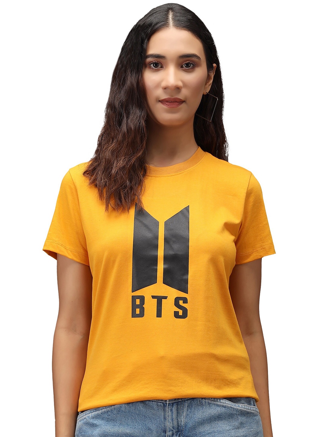 

PockMAN Women Mustard Yellow Printed Applique T-shirt