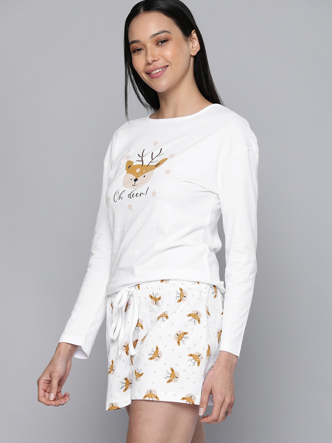 

HERE&NOW Women White & Brown Printed Night suit