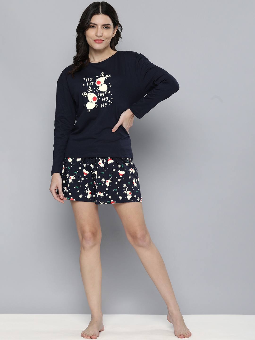 

HERE&NOW Women Navy Blue & White Printed Night suit