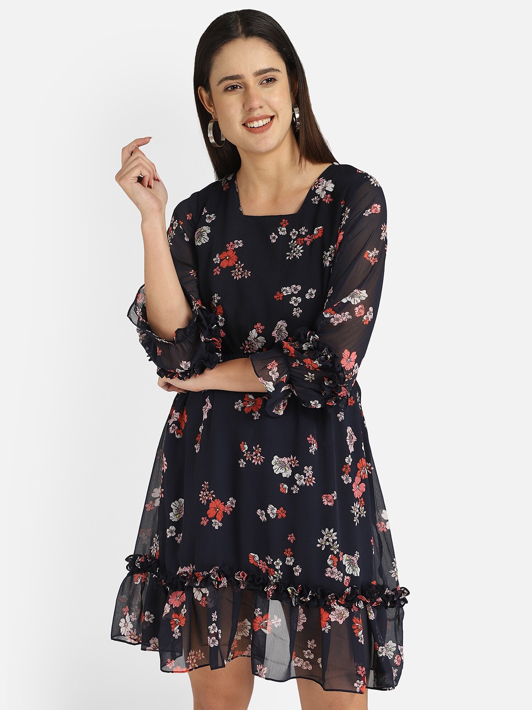 

Fbella Navy Blue Floral Chiffon Dress