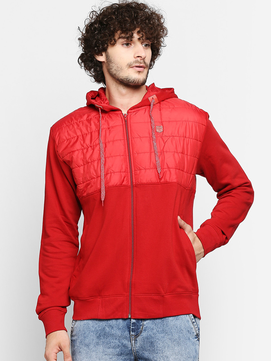 

Zeel Men Red Colourblocked Fleece Lightweight Crop Sporty Jacket with Patchwork