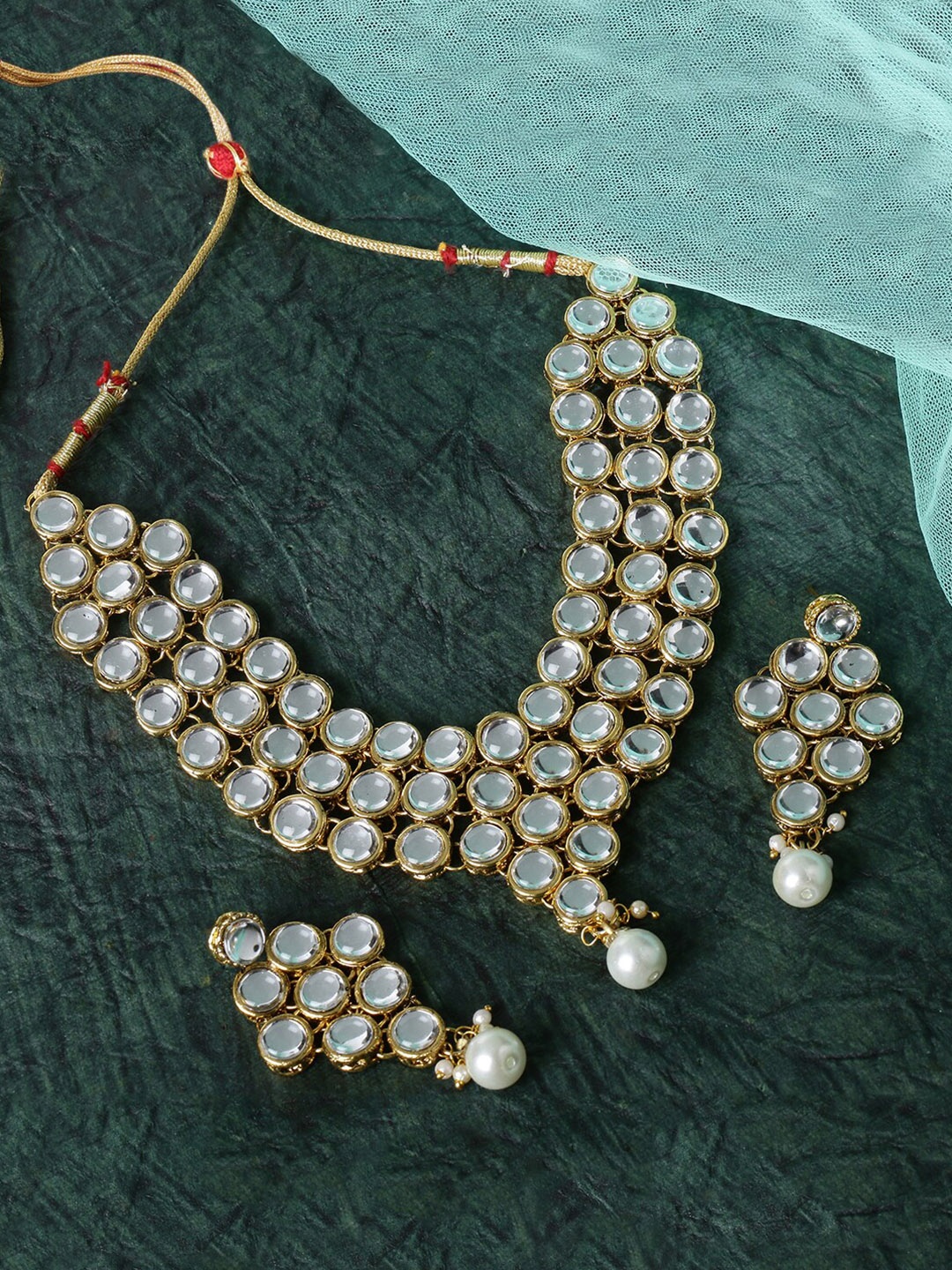 

LIVE EVIL White & Gold-Plated Kundan Studded Jewellery Set