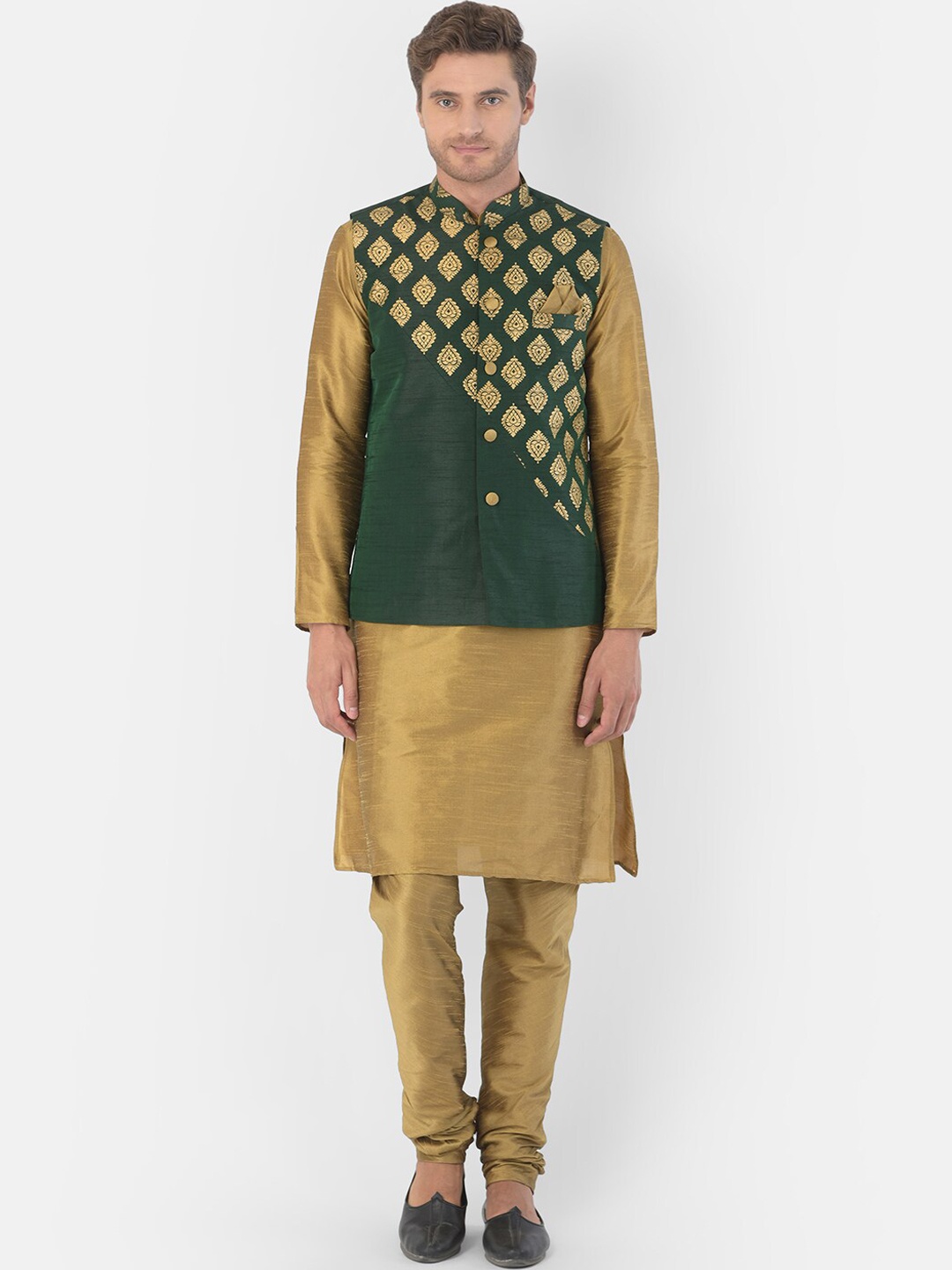 

DEYANN Men Green Dupion Silk Kurta with Churidar & Nehru Jacket