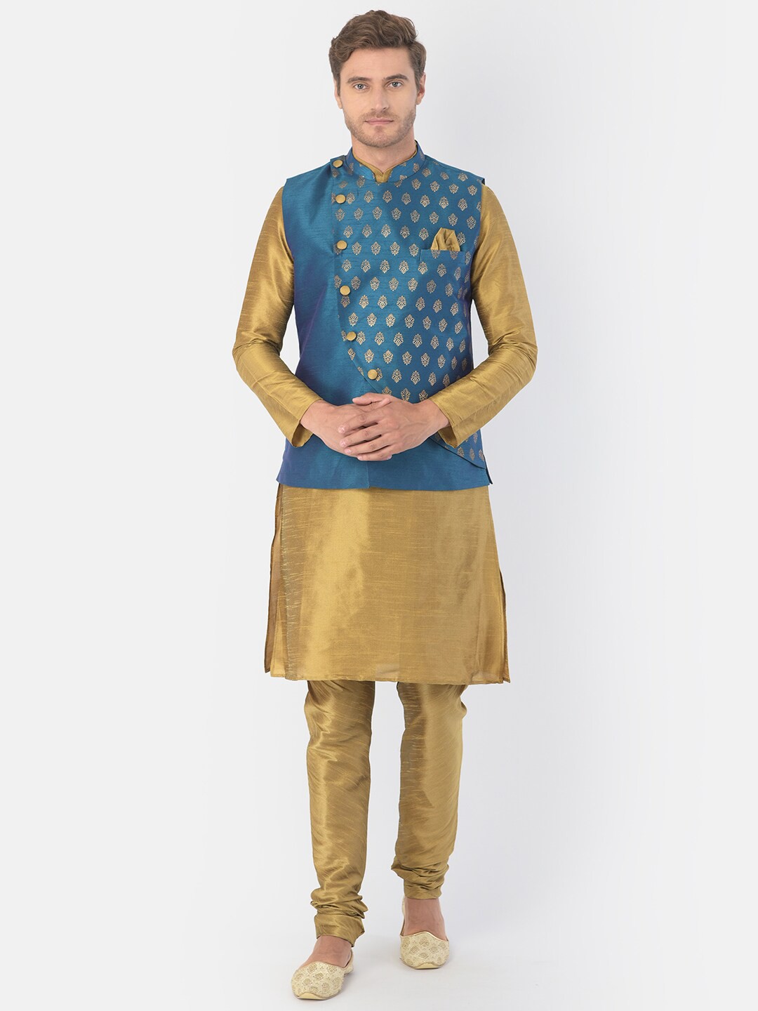 

DEYANN Men Blue Ethnic Motifs Dupion Silk Kurta with Churidar