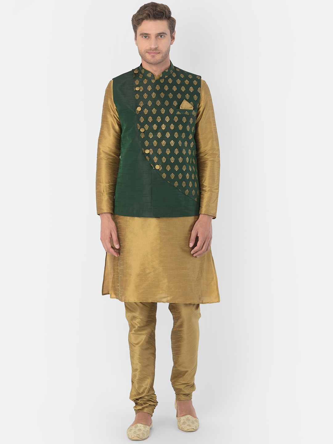

DEYANN Men Gold-Coloured & Green Dupion Silk Kurta with Churidar & Nehru Jacket