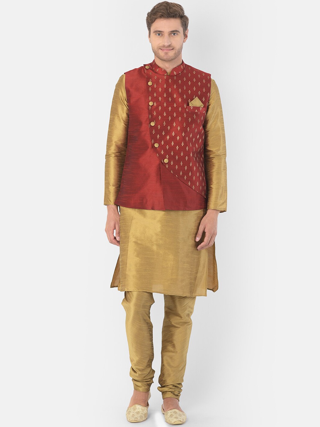 

DEYANN Men Olive Green Dupion Silk Kurta with Churidar & Nehru Jacket