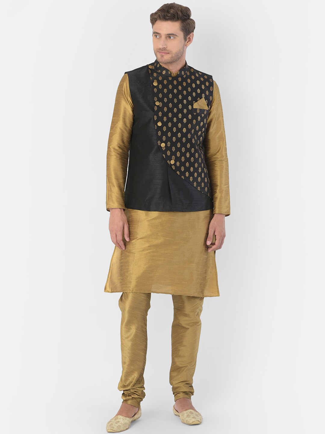 

DEYANN Men Gold-Coloure & Black Dupion Silk Kurta with Churidar & Nehru Jacket