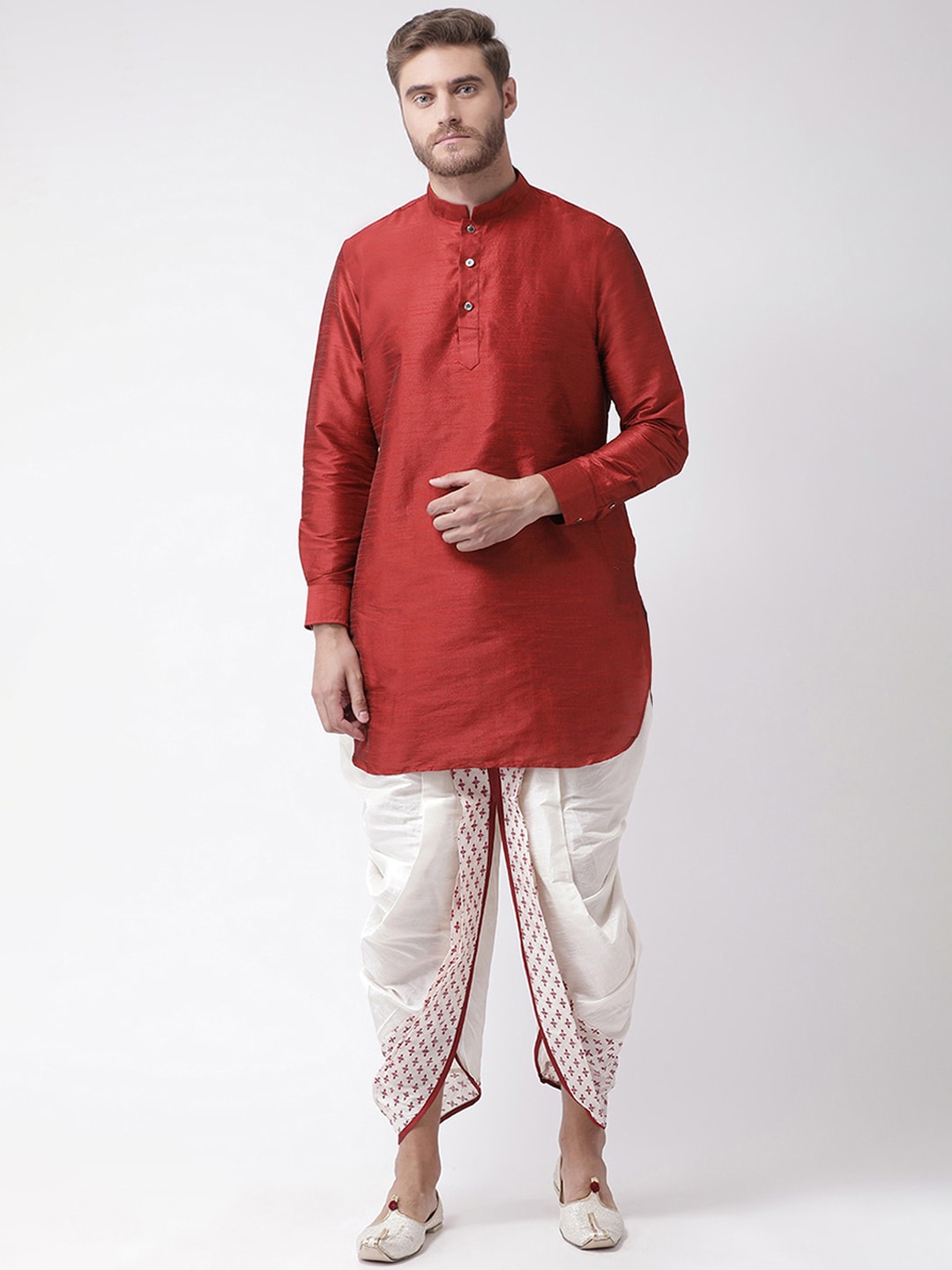 

DEYANN Men Red Dupion Silk Kurta with Dhoti Pants