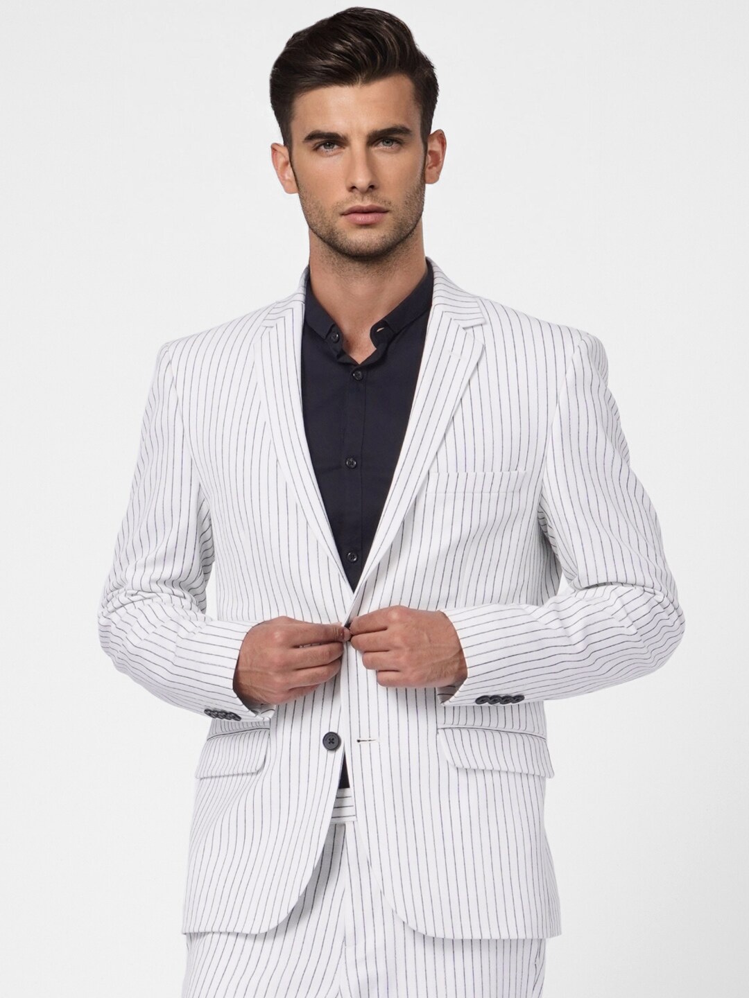 

Jack & Jones Men White & Grey Striped Single-Breasted Casual Blazer