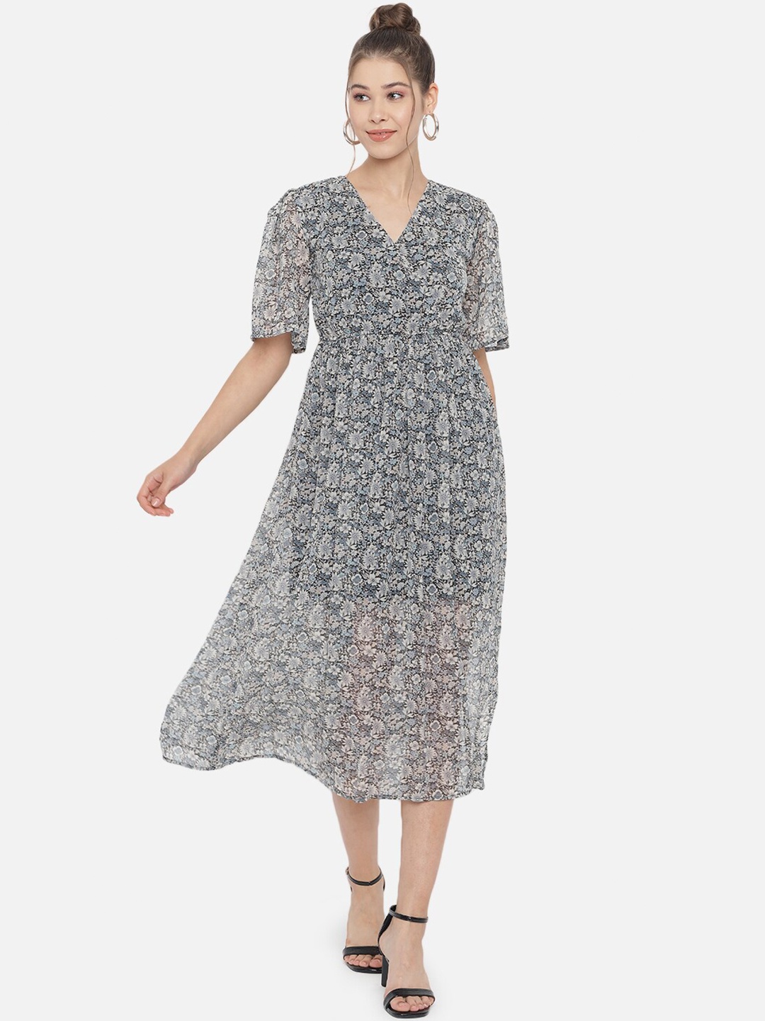 

Trend Arrest Women Grey & Blue Floral Georgette Midi Dress