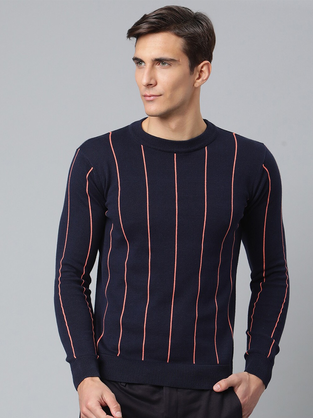 

HARSAM Men Navy Blue Striped Pure Cotton Pullover