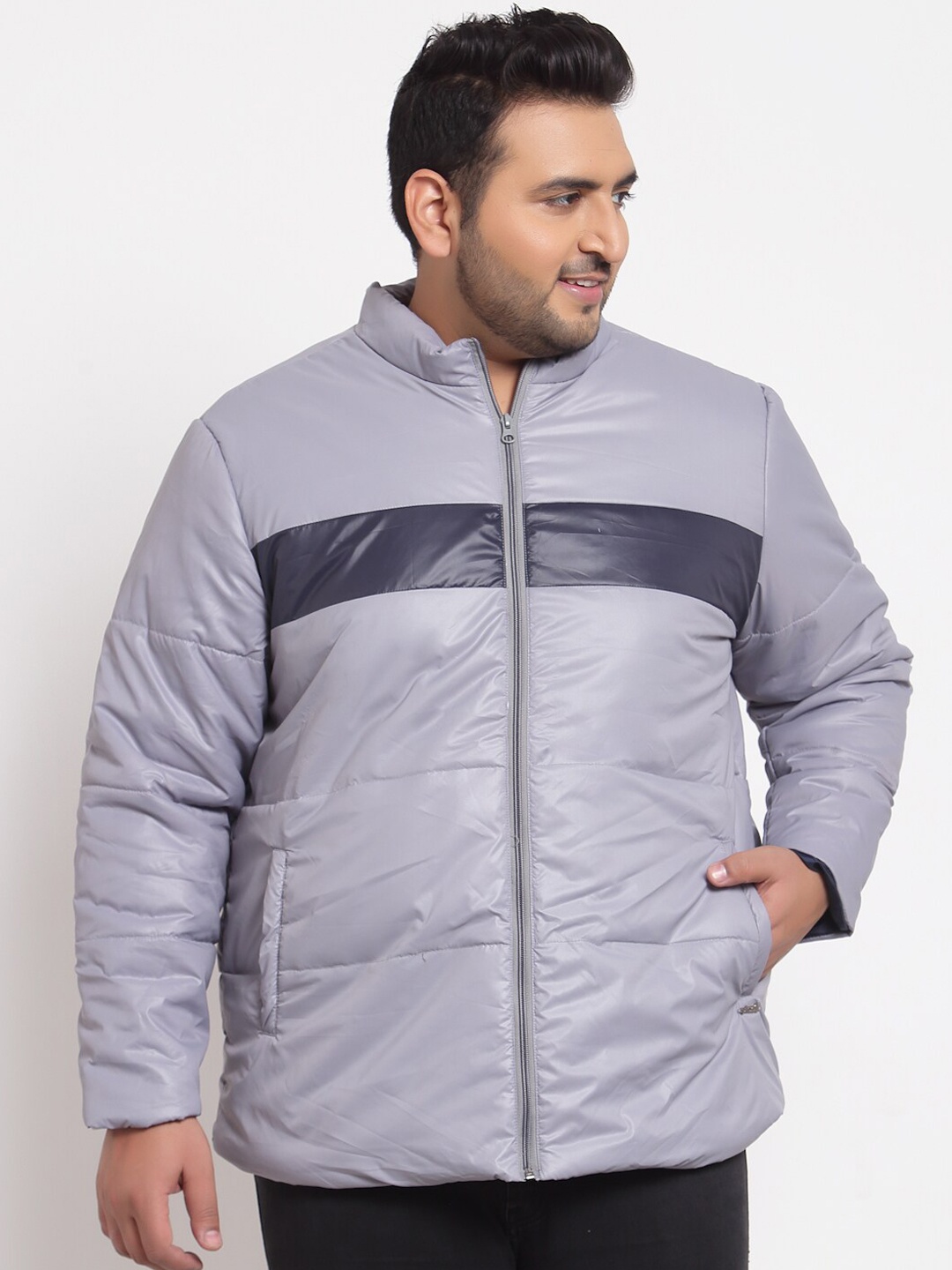 

plusS Men Grey Colourblocked Bomber with Patchwork Jacket