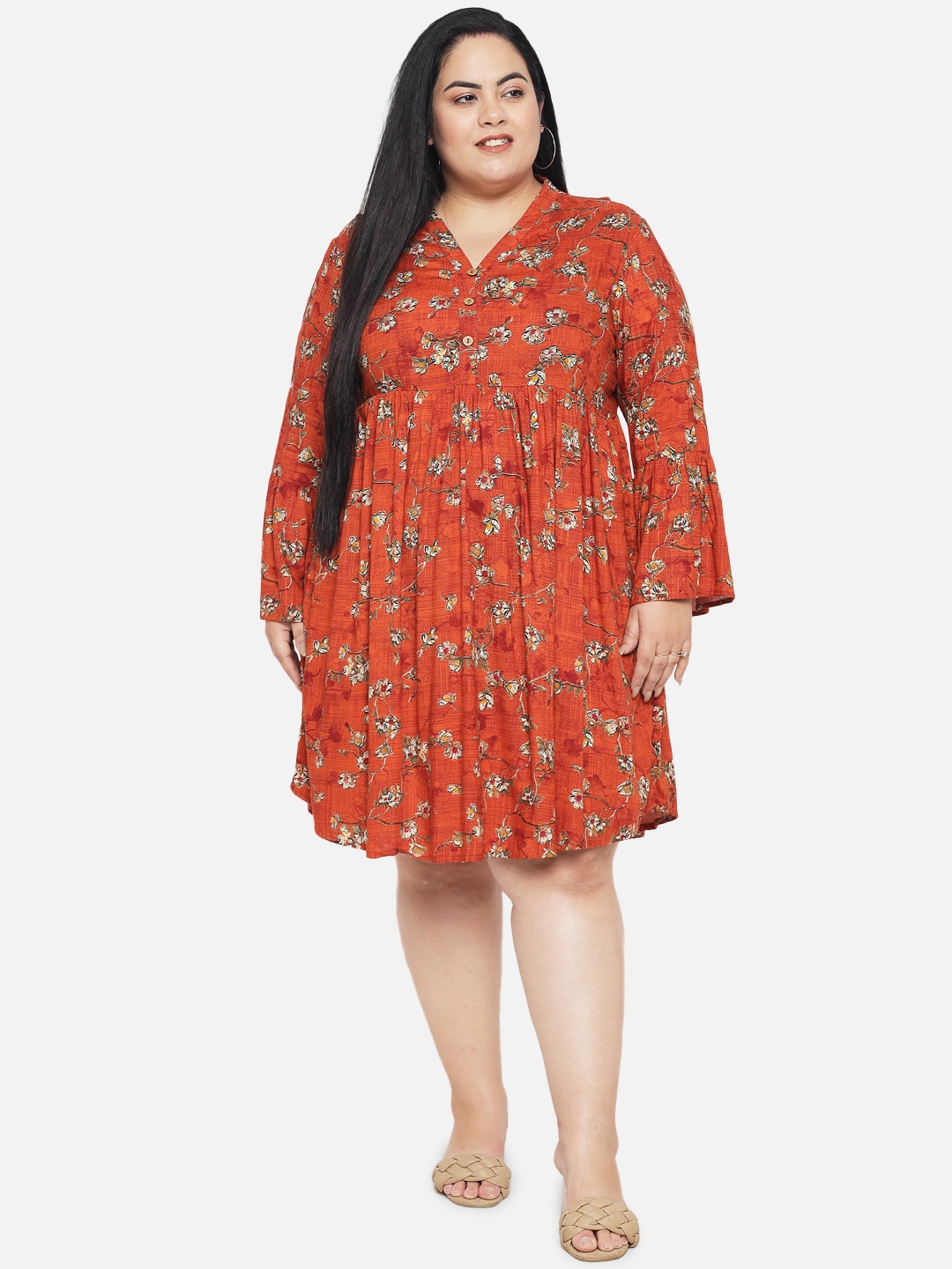

Indietoga Women Plus Size Orange Gold Capsule Foil Printed Empire Kurti Dress