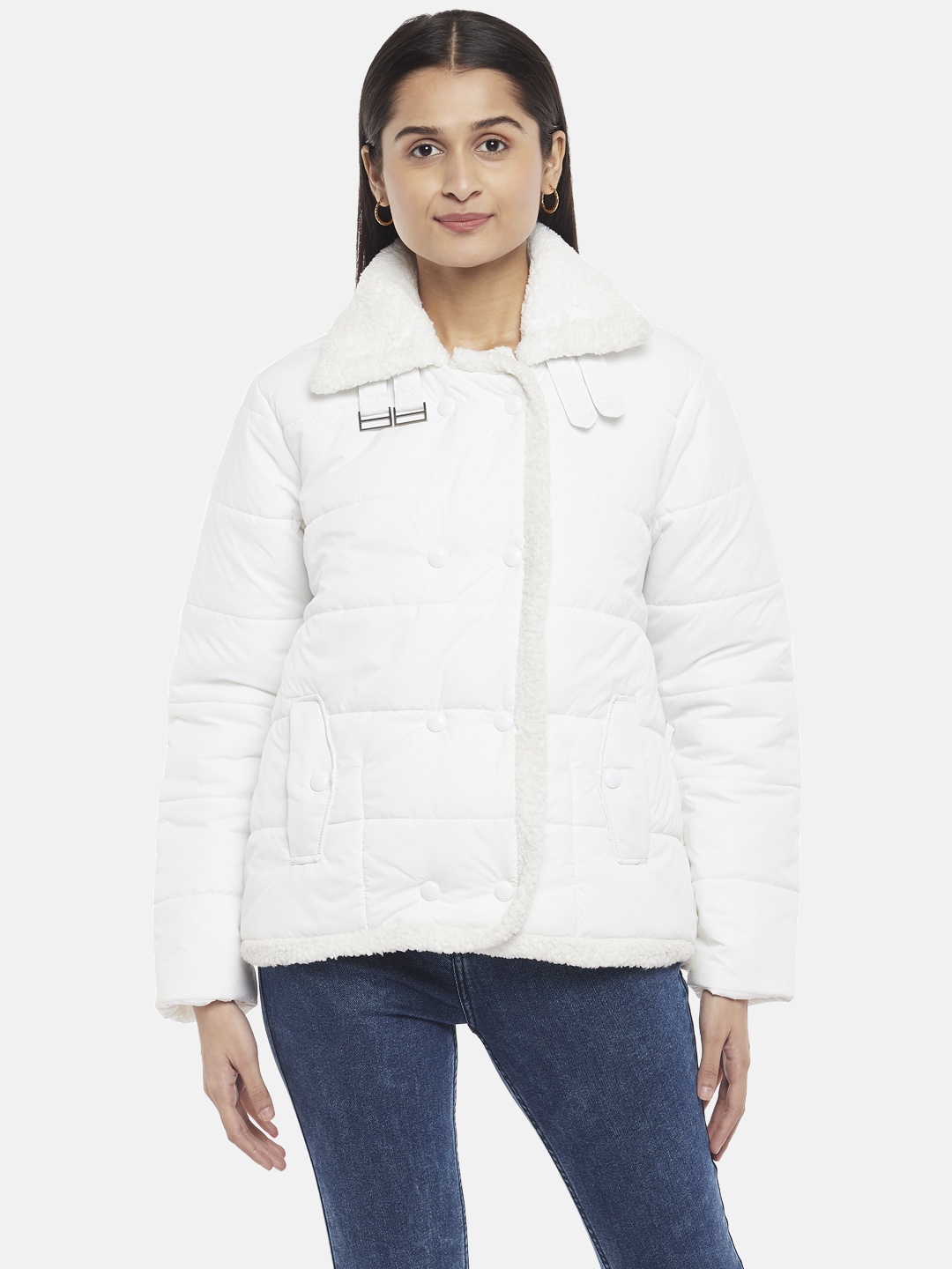 

People Women White Solid Padded Jacket