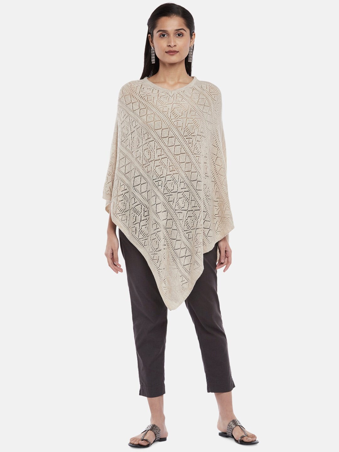 

AKKRITI BY PANTALOONS Women Beige Open Knit Fusion Longline Poncho