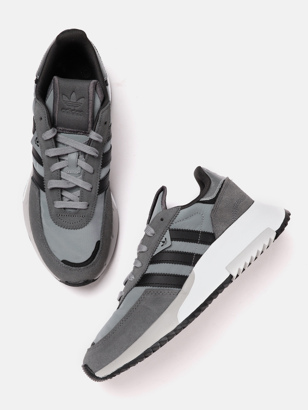 

ADIDAS Originals Men Charcoal Grey & Black Striped Retropy F2 Suede Sustainable Sneaker Excluding Trim