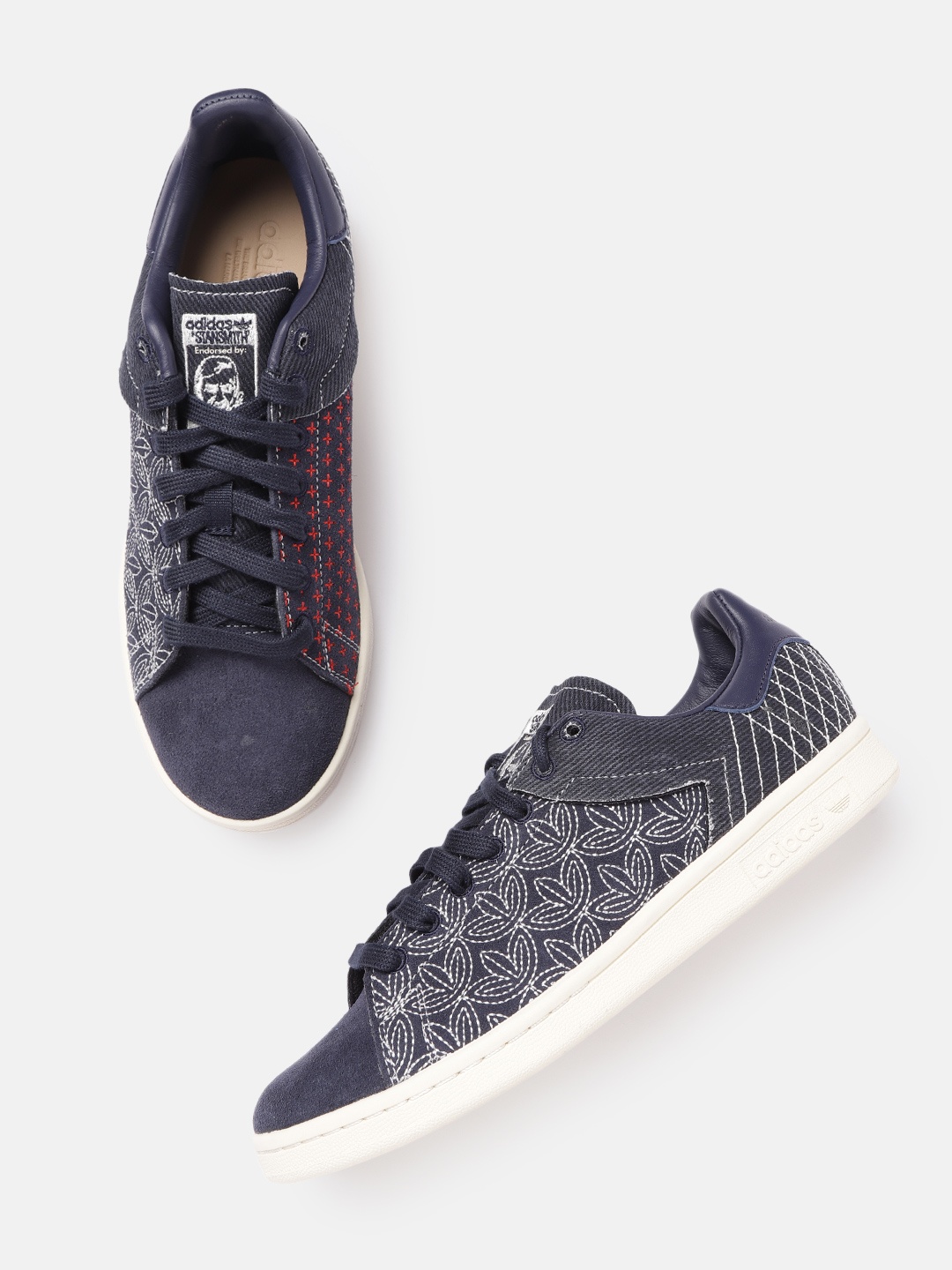 

ADIDAS Originals Unisex Navy Blue & Red Woven Design Stan Smith Sneakers