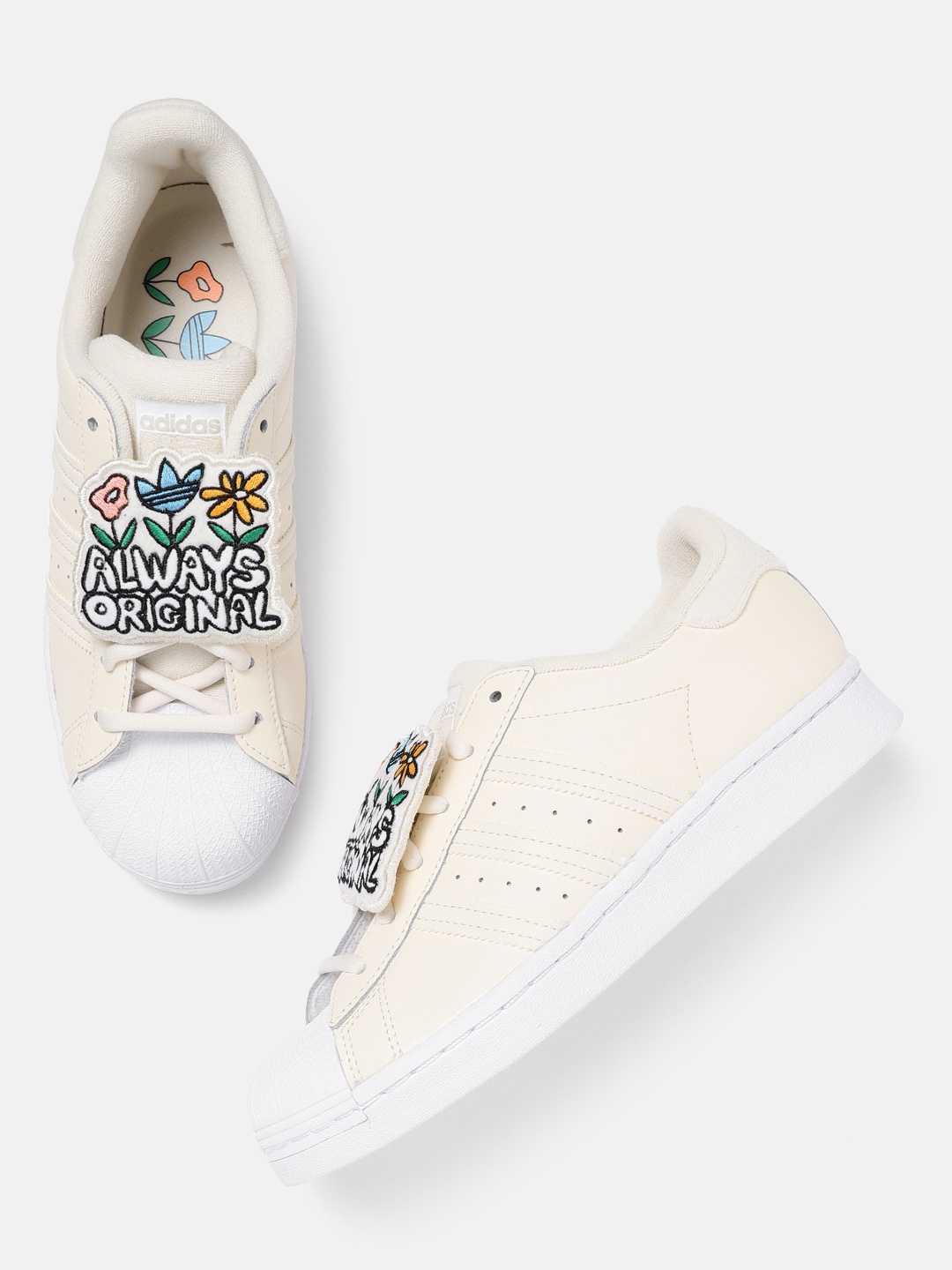 

ADIDAS Originals Women Cream-Coloured & White Leather Superstar 3 Striped Sustainable Sneakers