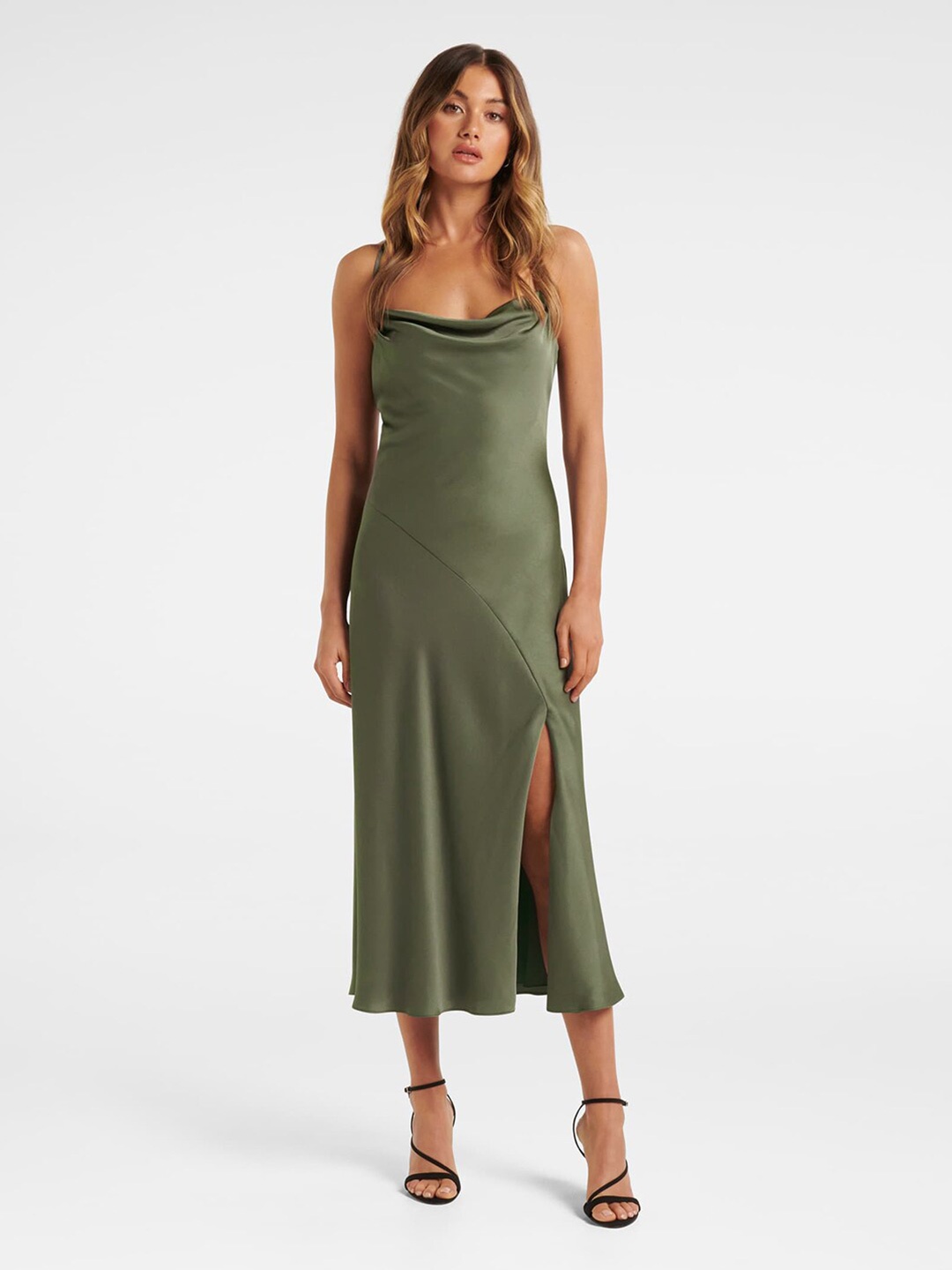 

Forever New Green Satin A-Line Midi Dress