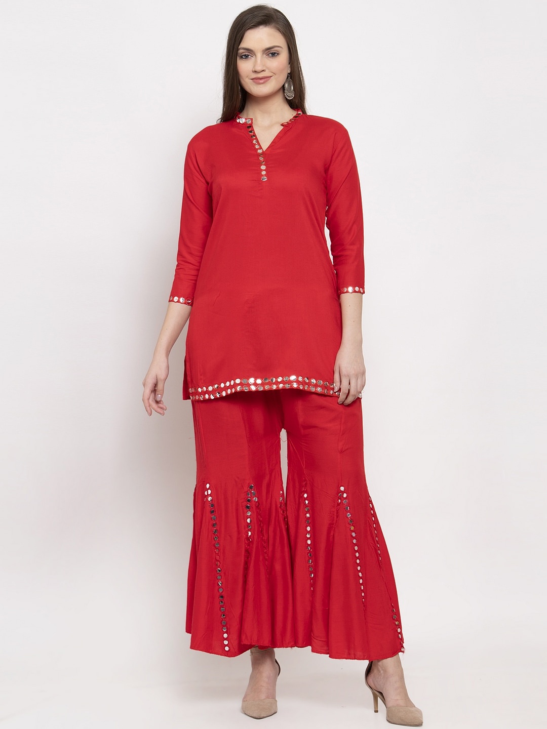 

Clora Creation Women Red Floral Mirror Work Kurti with Sharara