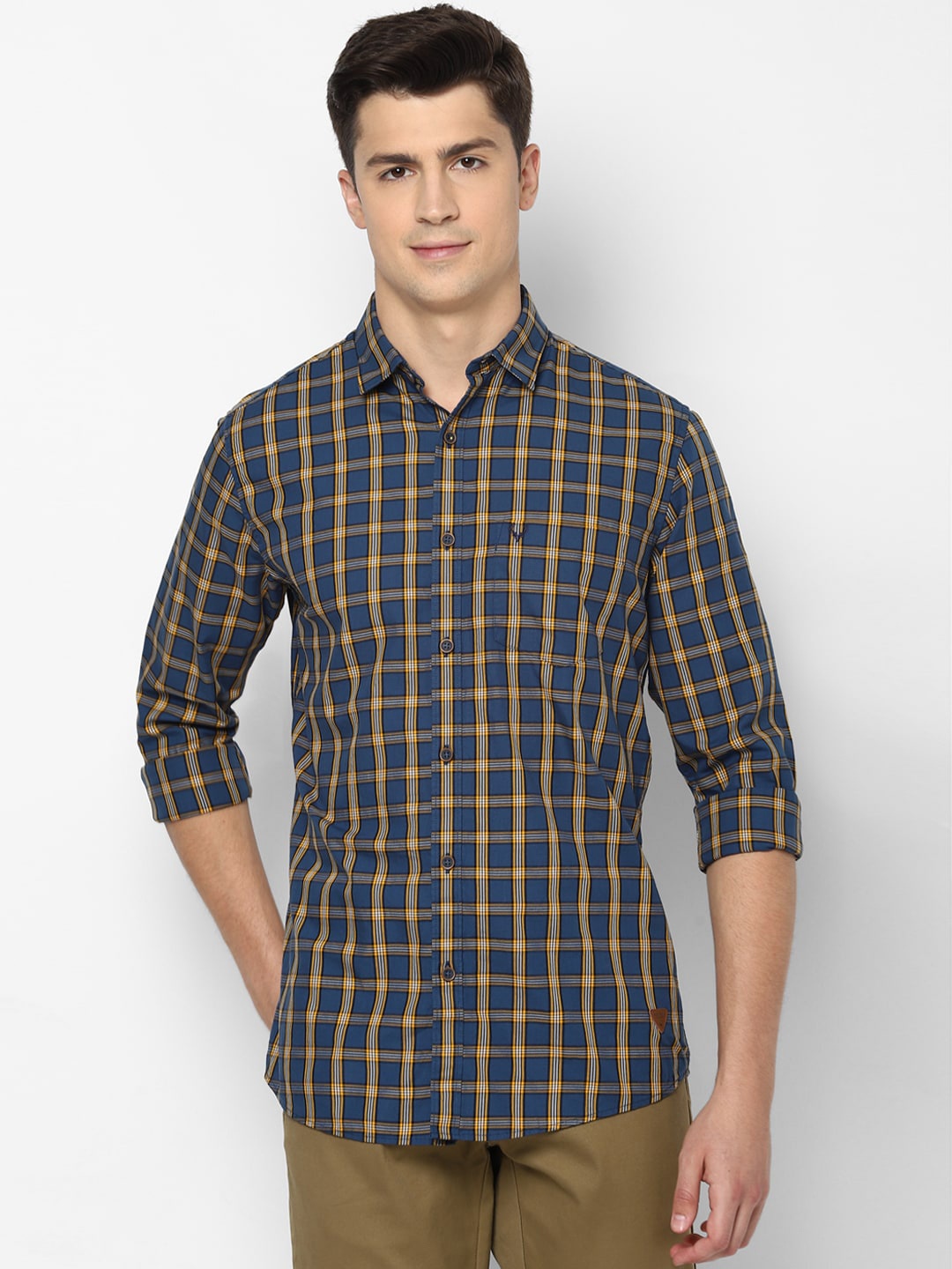 

Allen Solly Men Navy Blue & Yellow Checked Casual Shirt