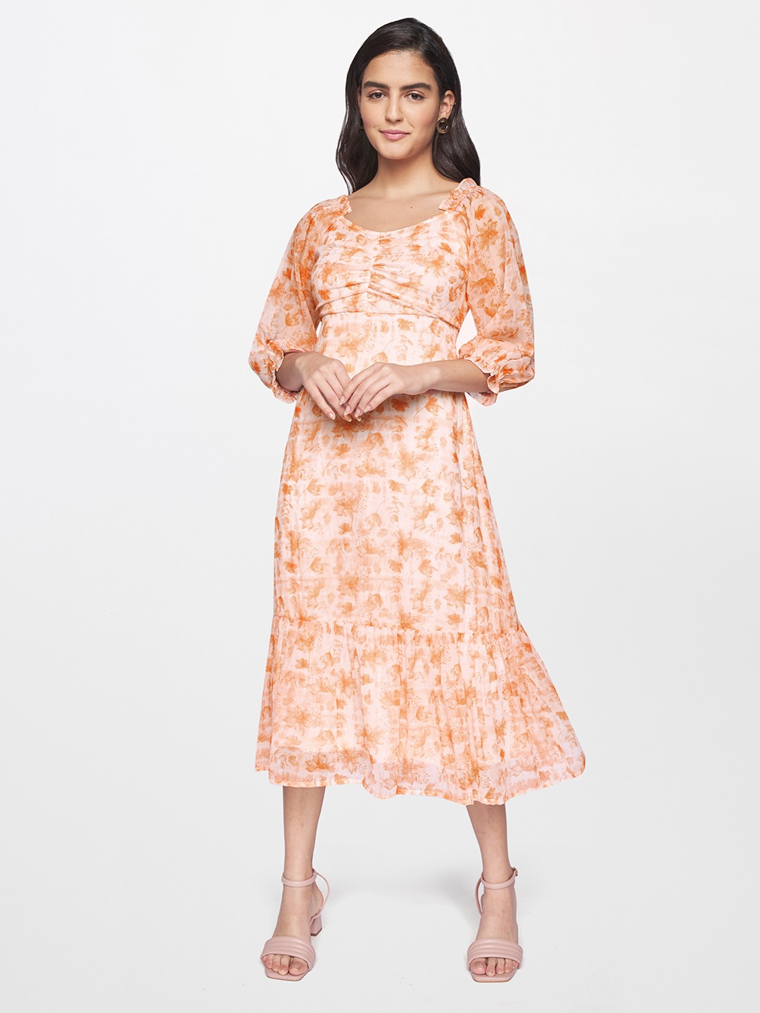 

AND Women White & Orange Floral Print A-Line Midi Dress
