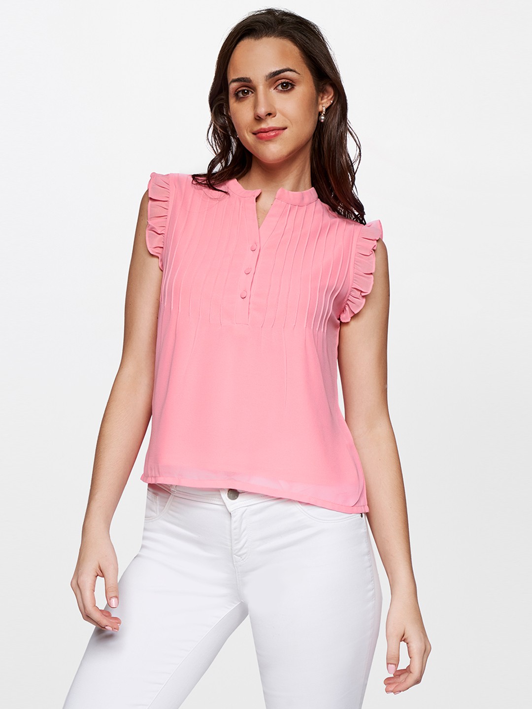 

AND Pleated Mandarin Collar Top, Pink