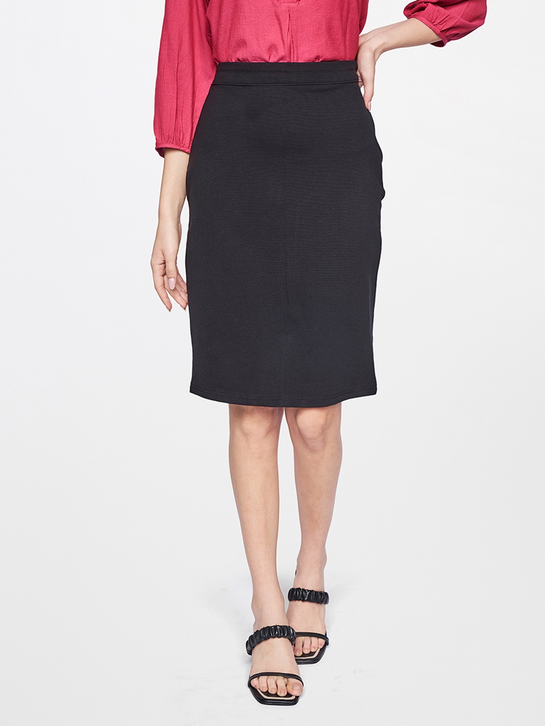 

AND Women Black Solid Straight Skirt