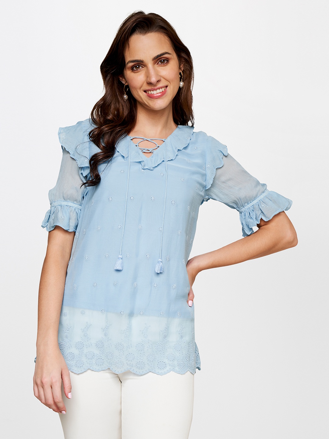 

AND Schiffli Tie-Up Neck Top, Blue