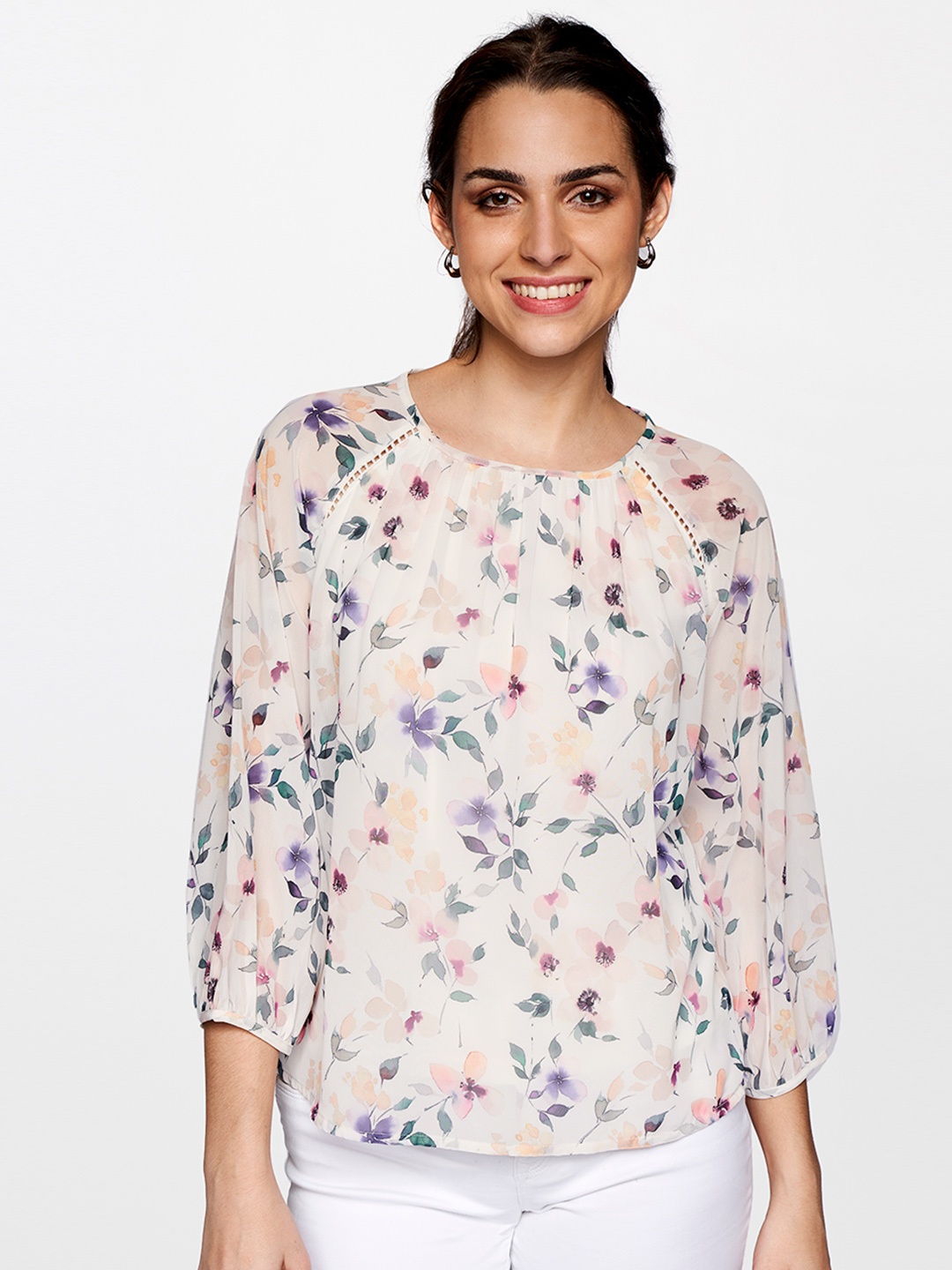 

AND Off White & Green Floral Printed Top
