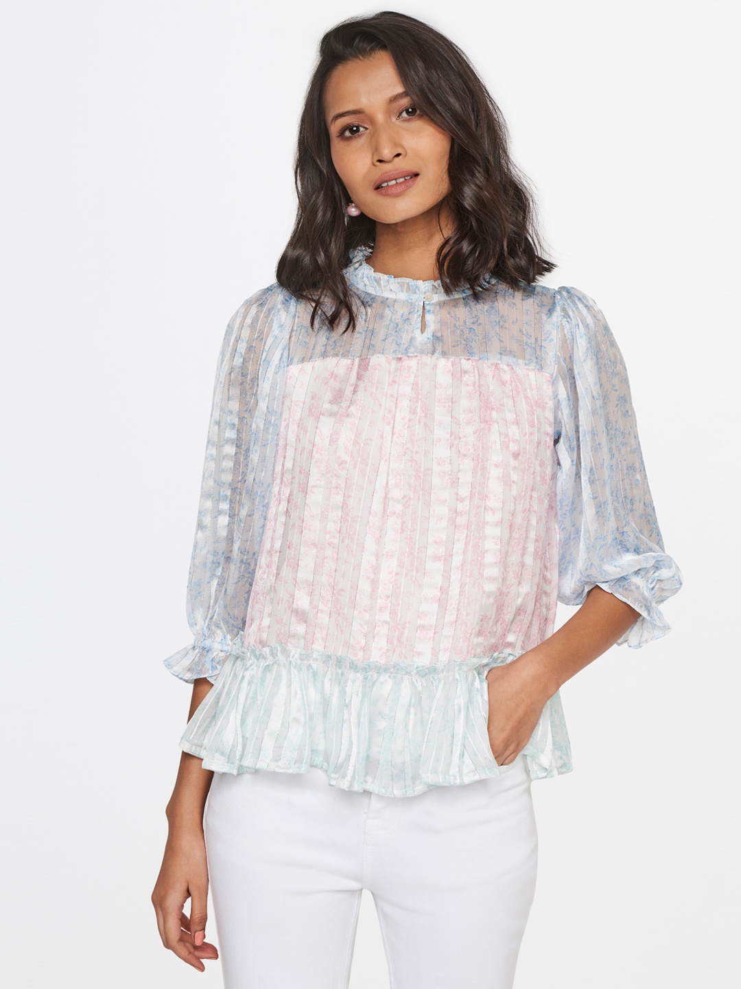 

AND Floral Print Mandarin Collar Puff Sleeve Top, White