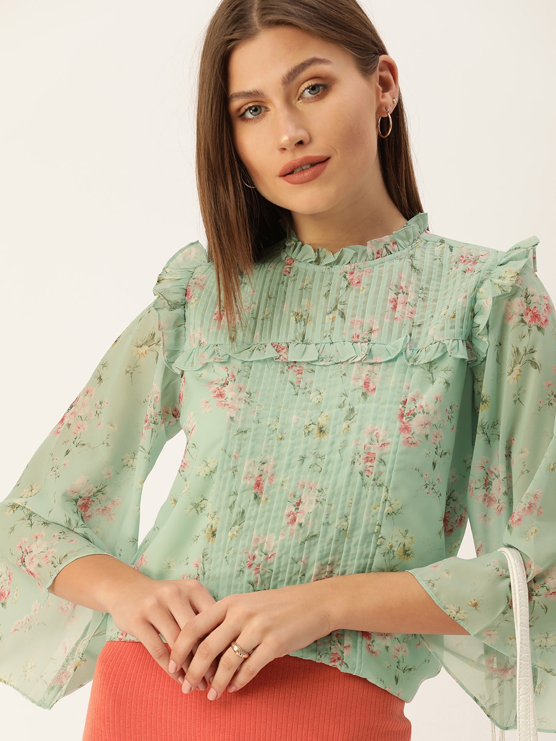 

AND Sage Green Floral Print Round Neck Flared Sleeves Pin Tucks Ruffles Polyester Top