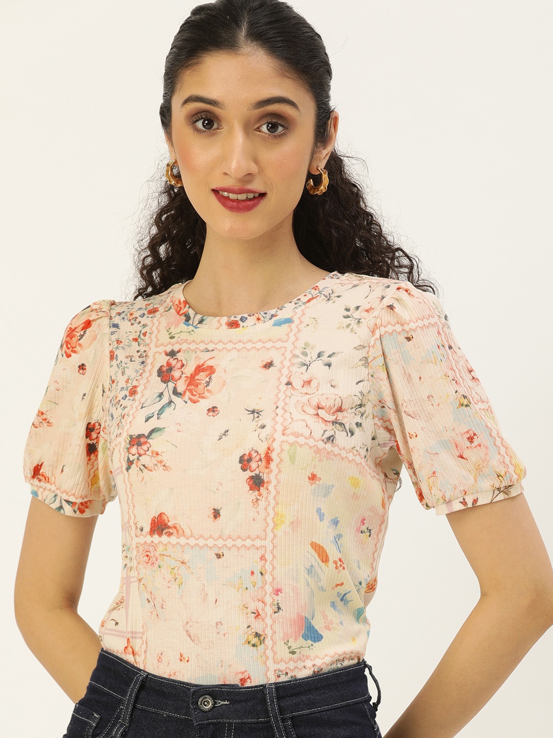 

AND Women Multicoloured Floral Print Ribbed Puff Sleeves Round Neck Top, Multi