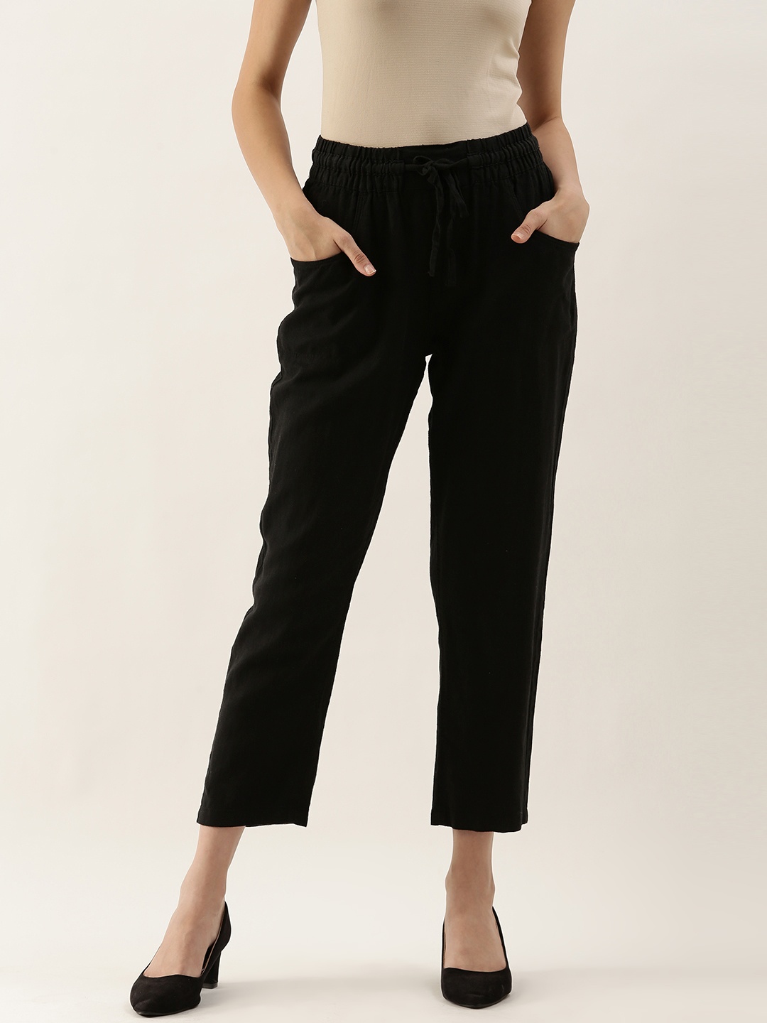 

AND Women Black Straight Fit Linen-Blend Trousers