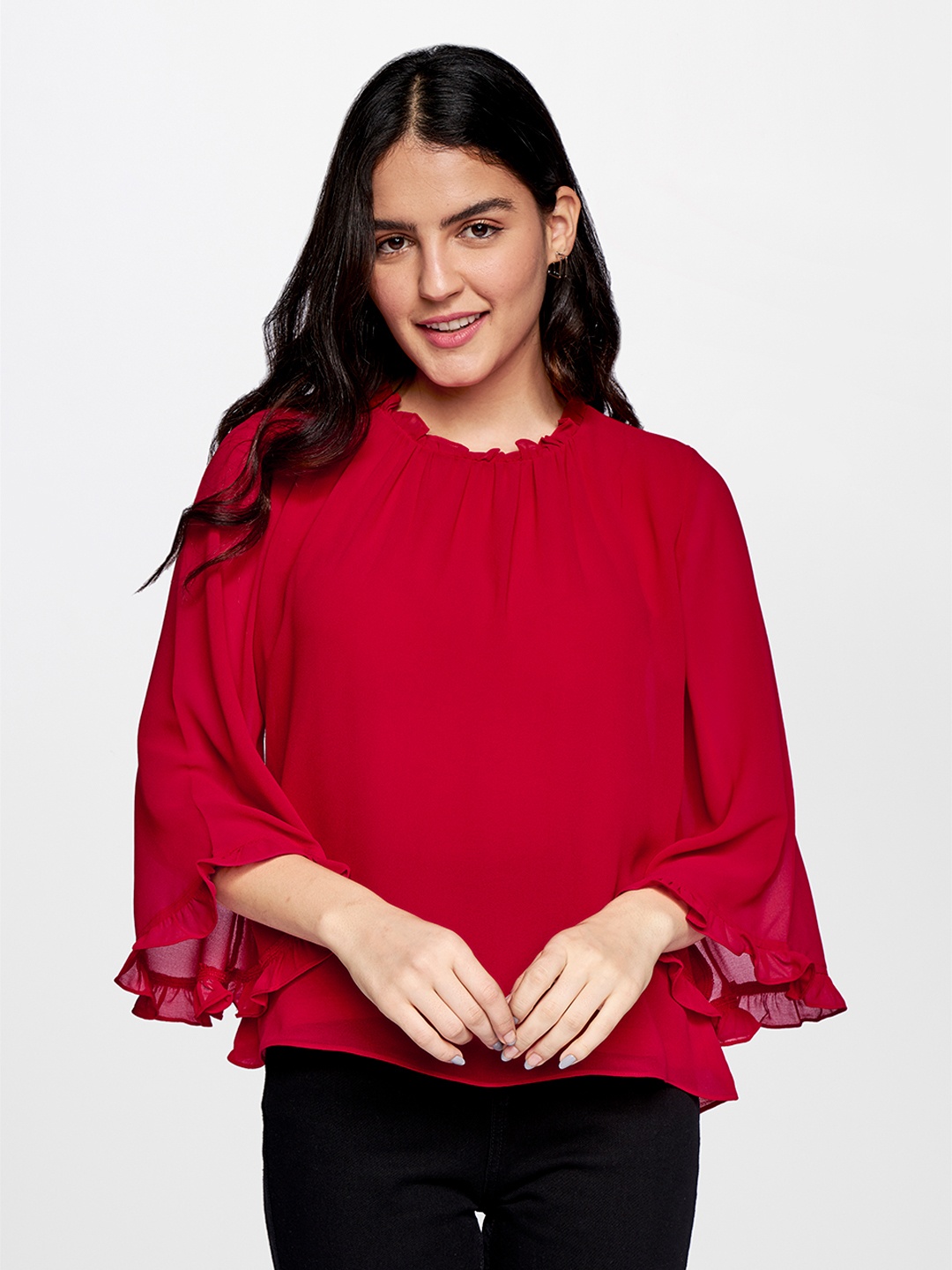 

AND Solid Flared Sleeve Top, Red