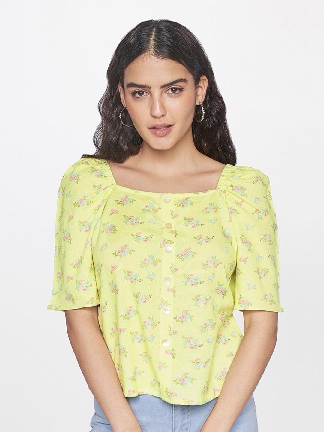 

AND Lime Green Floral Print Cotton Crop Top