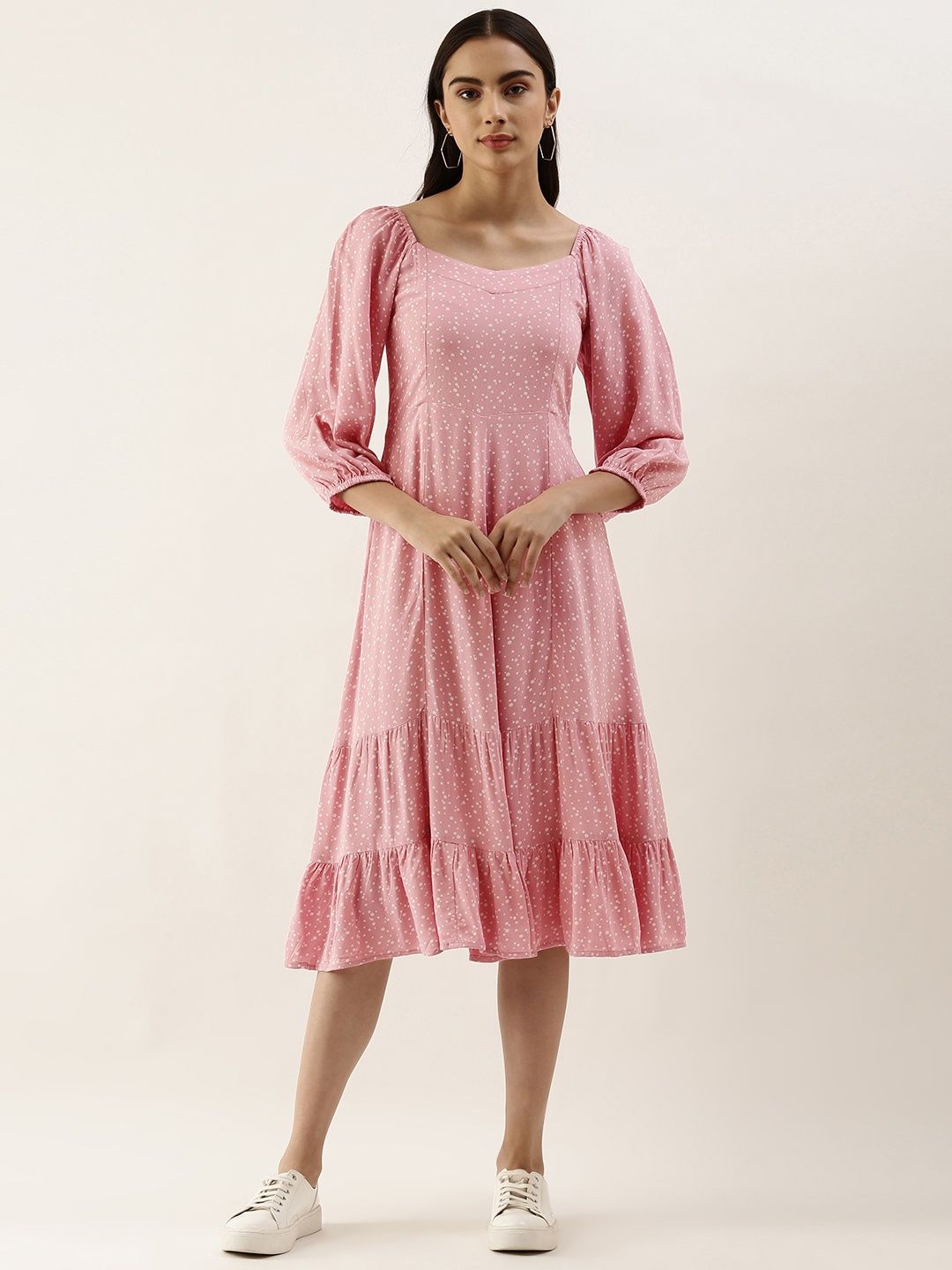 

AND Women Pink & White Printed Fit & Flare Dress