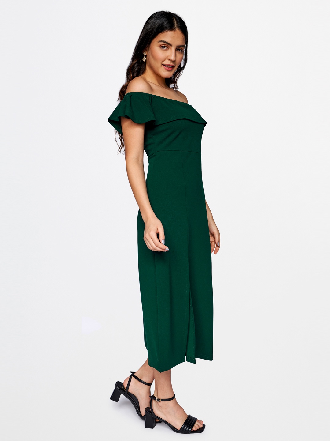 

AND Off-Shoulder Flared Sleeve Ruffled A-Line Midi Dress, Green