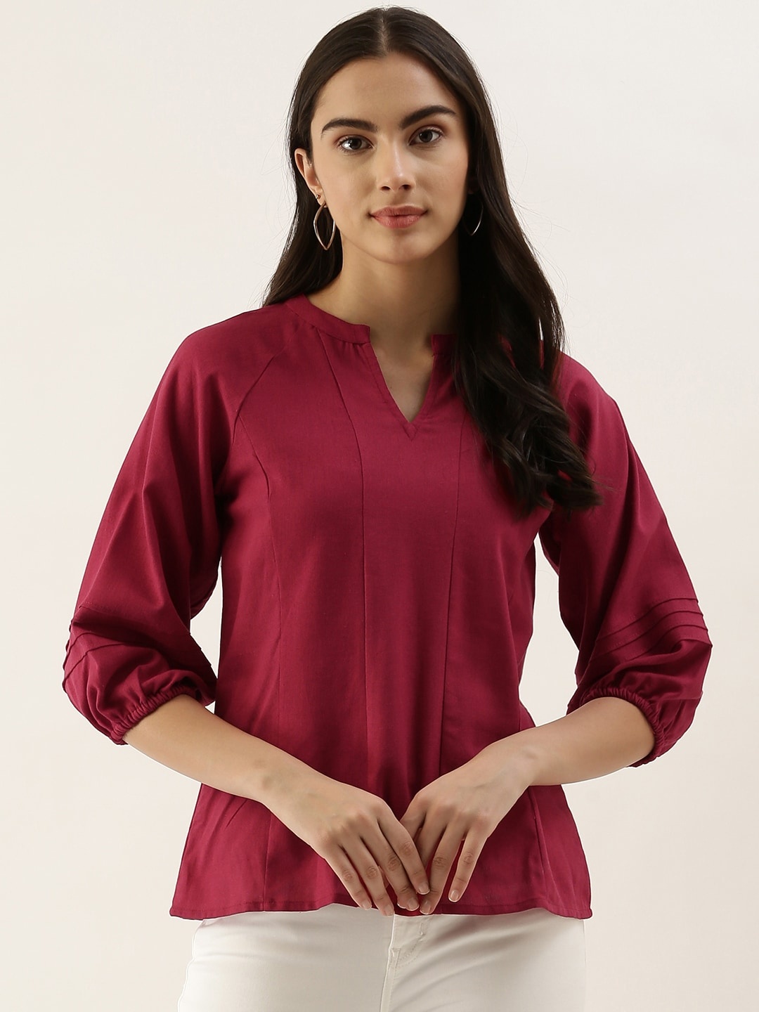 

AND Women Red Mandarin Collar Linen Top
