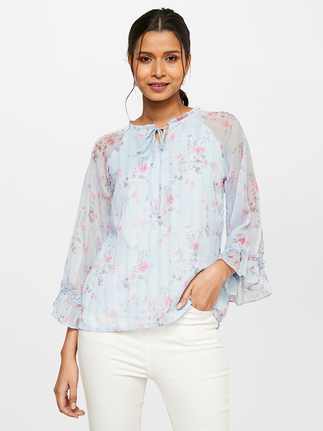 

AND Floral Print Tie-Up Neck Top, Blue