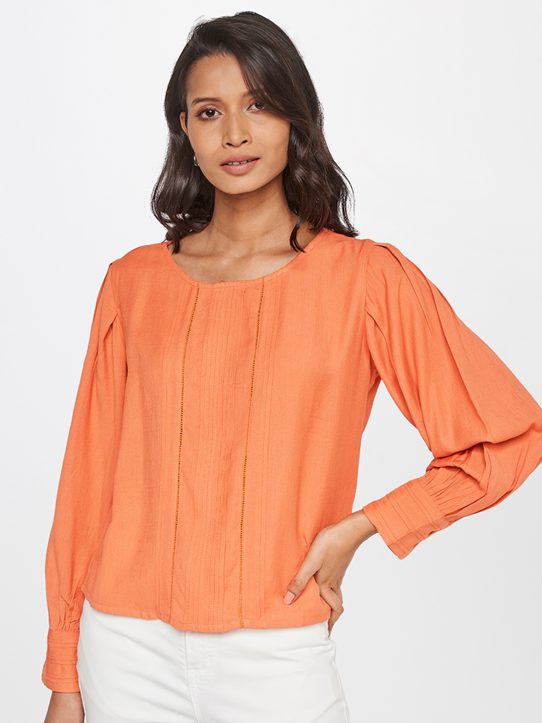 

AND Lace Inserts Pleated Top, Orange