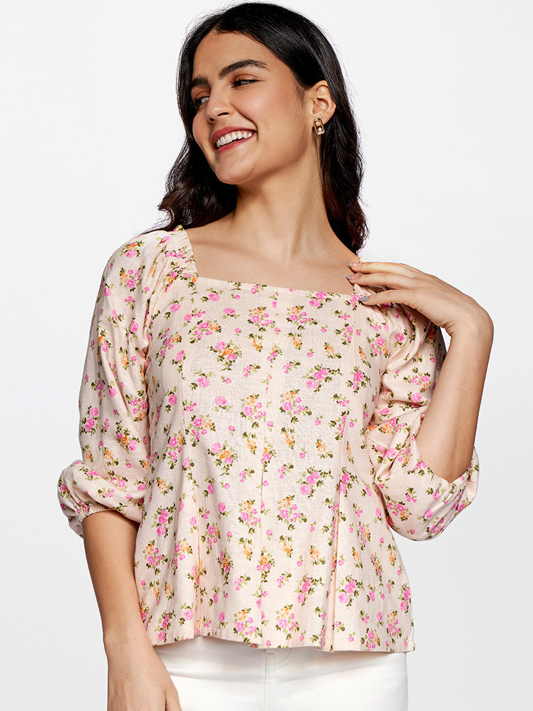

AND Women Pink Floral Print Linen A-line Top