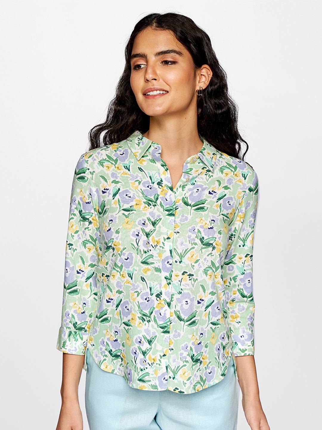 

AND Green & Yellow Floral Print Shirt Style Top