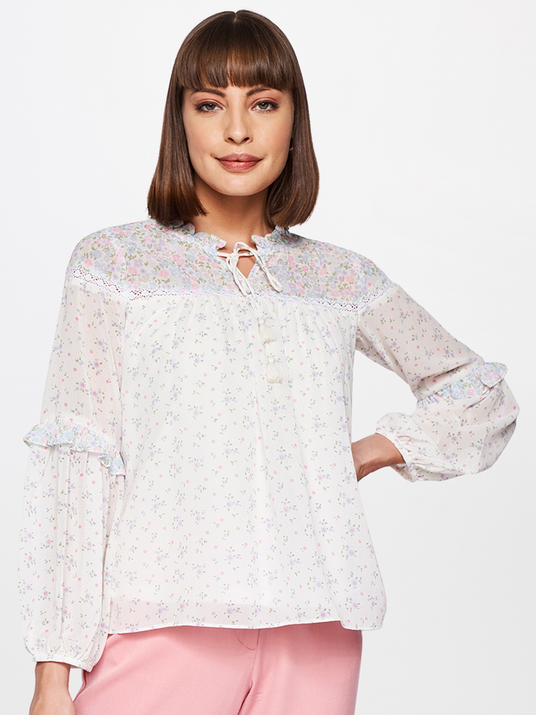 

AND White Floral Print Mandarin Collar Top