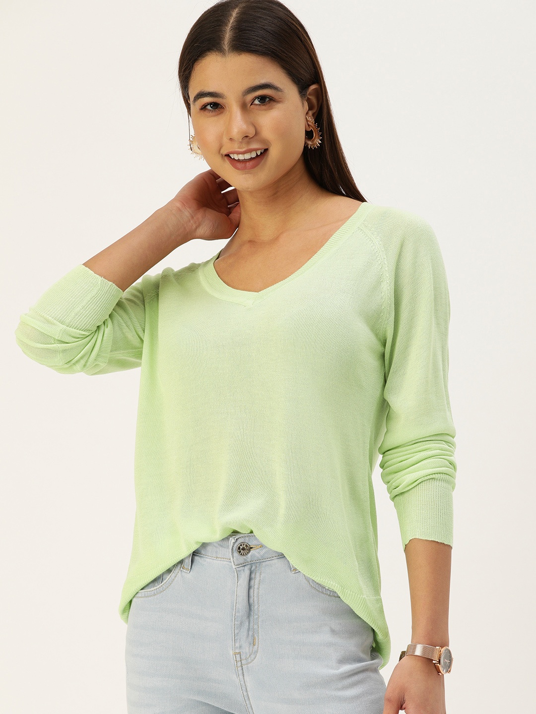 

AND Sage Green Solid Round-Neck Regular Top