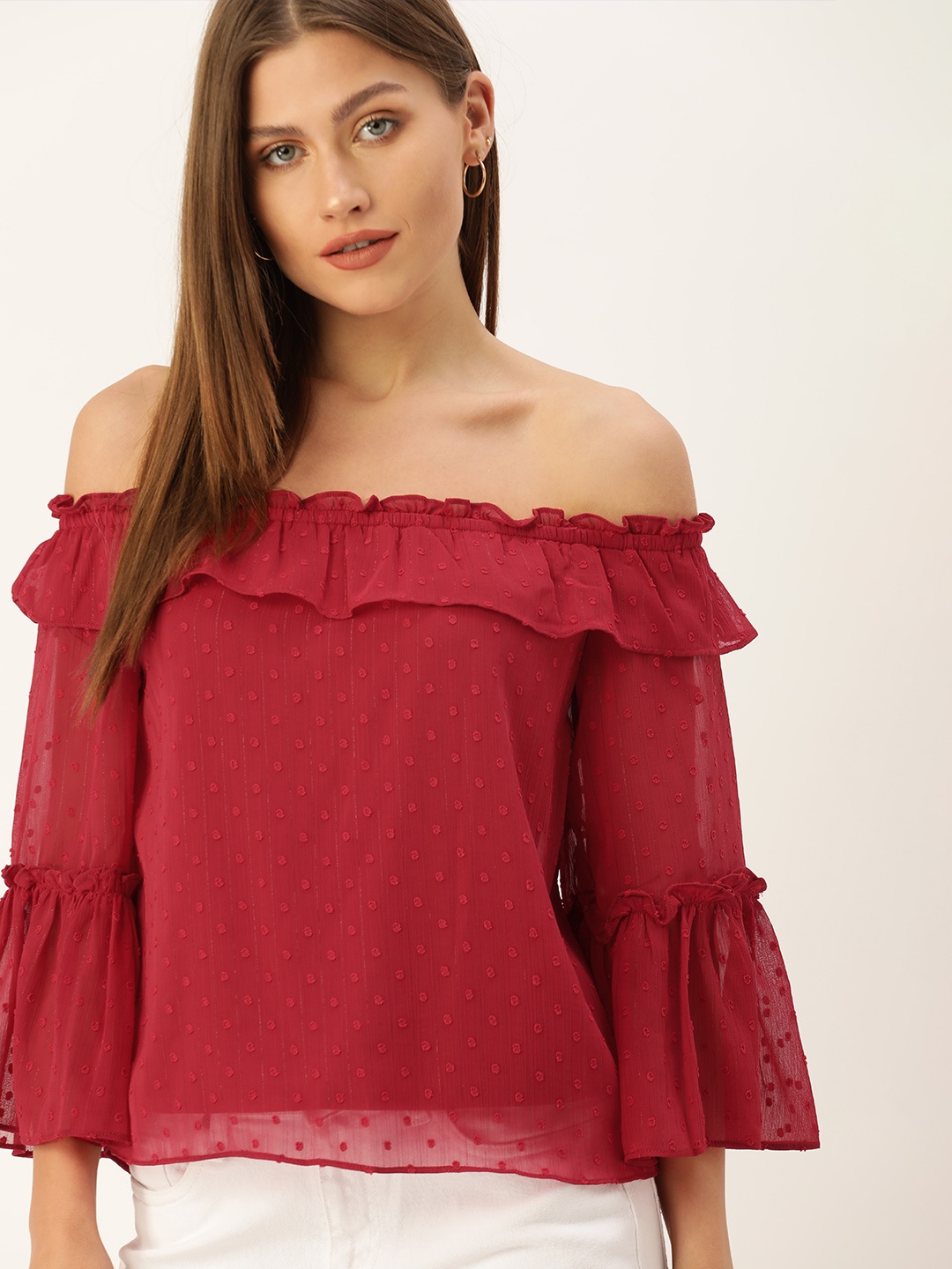 

AND Maroon Off-Shoulder Ruffles Top