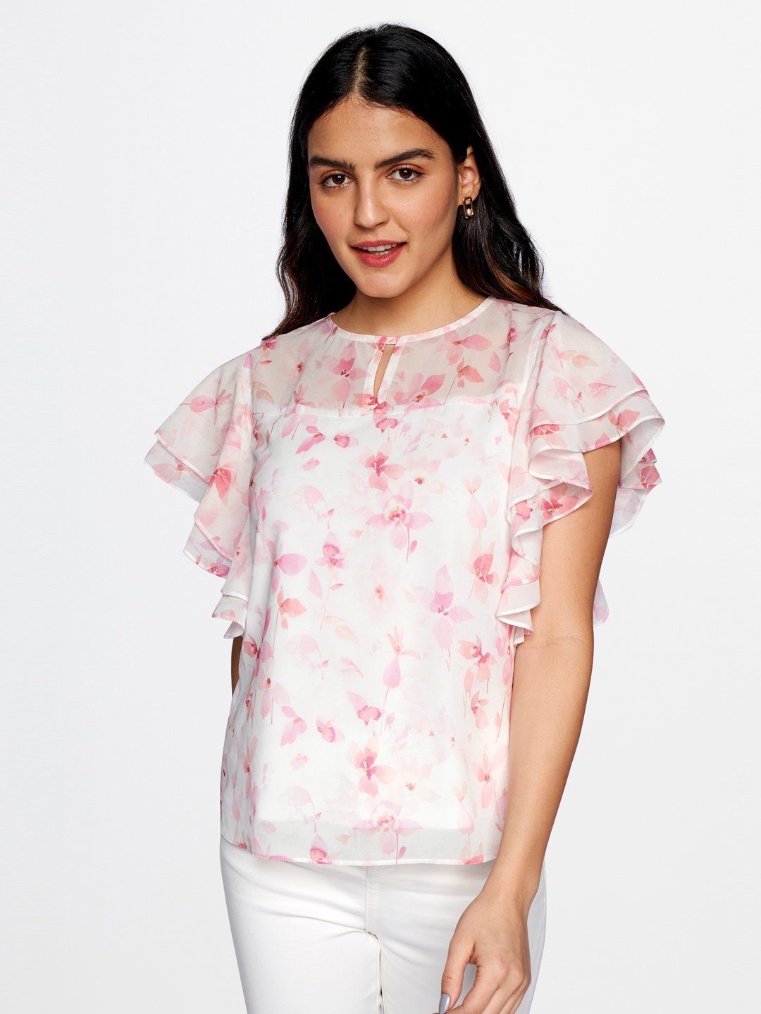 

AND White & Pink Floral Print Keyhole Neck Top