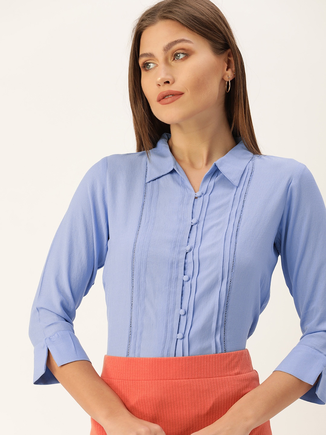 

AND Blue Solid Shirt Collar Regular Sleeves Pin Tucks Lace Shirt Style Top